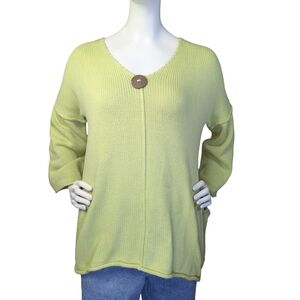 Pure Handknit Bohemian Green Cotton Sweater, Coconut Button Pockets, S/M